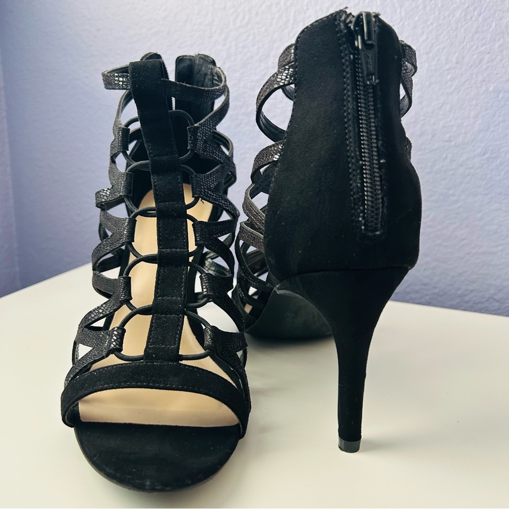 Me Too Women's Black Strappy High Heels with Zipper Closure
